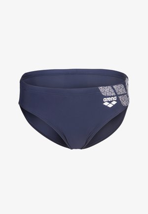 Slip da uomo blu navy con motivo geometrico bianco e logo Arena bianco sull'anca destra.