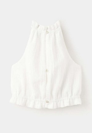 White sleeveless crop top with high ruffled neckline, front buttons, and elasticated hem with subtle vertical texture.