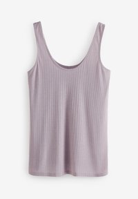 Débardeur lilas clair à côtes avec des bretelles larges, un col rond et un ourlet droit. Fait en tissu extensible avec une texture lisse.