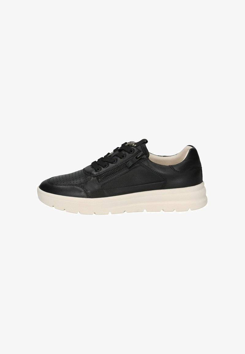 Black leather sneaker with perforated detailing, lace-up closure, side zipper, and a lightweight cream-colored sole.