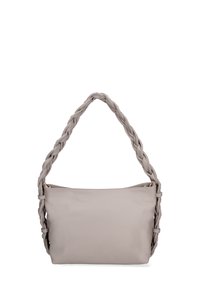 Borsa a tracolla in pelle grigia chiara con manico intrecciato, texture liscia e chiusura con zip. Forma rettangolare con dettagli di design minimalisti.