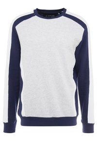 Felpa grigia a girocollo con maniche raglan blu navy e bianche. Realizzata in tessuto morbido, presenta una vestibilità dritta e polsini a coste.