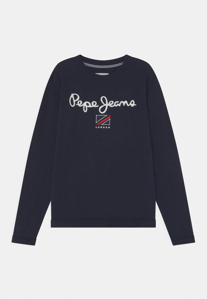 Pull à manches longues bleu marine avec le texte "Pepe Jeans" et un logo du drapeau de Londres rouge, blanc et bleu sur la poitrine.