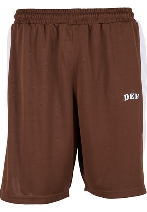 Shorts de sport en maille marron avec des panneaux latéraux blancs, taille élastique, et logo "DEF" blanc sur le devant. Tissu léger et respirant.