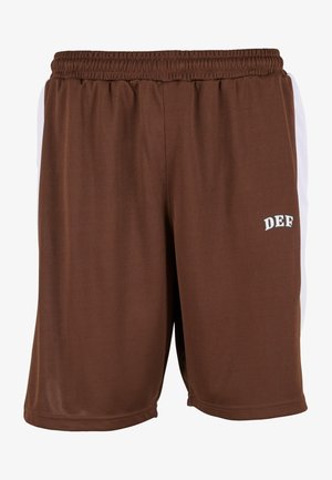 Pantaloni corti sportivi in rete marrone con pannelli laterali bianchi, cintura elastica e logo "DEF" bianco sulla parte anteriore. Tessuto leggero e traspirante.