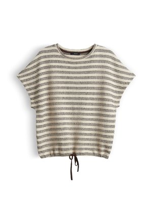 Haut en maille à manches courtes avec rayures horizontales beige et marron et lien coulissant marron à l'ourlet.