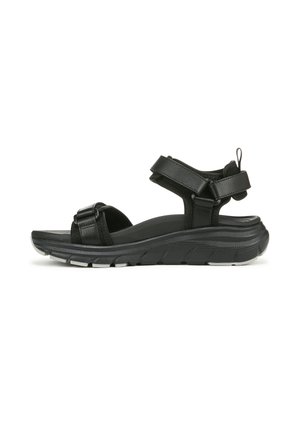 Black sandals featuring synthetic straps and a cushioned sole with a textured finish. The design includes adjustable straps for a secure fit.