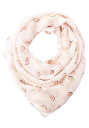 Jasnoróżowy szalik z miękkiego materiału, ozdobiony wzorem małych, pastelowych plasterków arbuza.