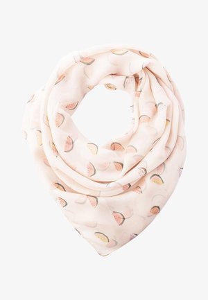 Écharpe rose clair en tissu doux présentant un motif de petites tranches de pastèque aux couleurs pastel.
