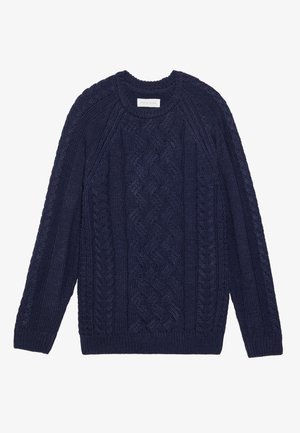 Navy blue knitted sweater featuring cable patterns, ribbed neckline, and cuffs. Made from textured yarn for added warmth and comfort.