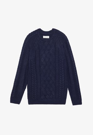 Navy blue knitted sweater featuring cable patterns, ribbed neckline, and cuffs. Made from textured yarn for added warmth and comfort.