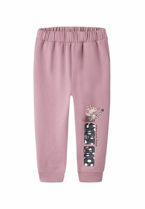 Pantalon enfant rose doux avec taille élastique, chevilles retroussées et un imprimé cartoon de deux cochons qui s'enlacent avec le texte "besties always and forever."