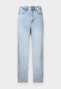 Lyseblå denimjeans med rett kutt, med glidelås og knapp, fem lommer, og lett slitasje foran og bak.