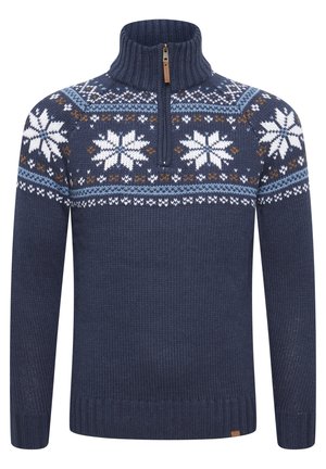 Donkerblauwe gebreide trui met hoge kraag, halve rits en een winters thema met een wit en bruin sneeuwvlokpatroon over de borst.