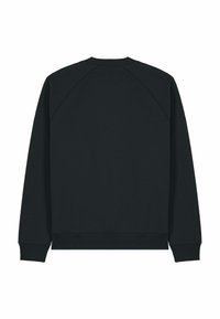 Felpa nera con scollo rotondo, maniche raglan e orlo e polsini a costine. Texture liscia, senza loghi o motivi visibili.