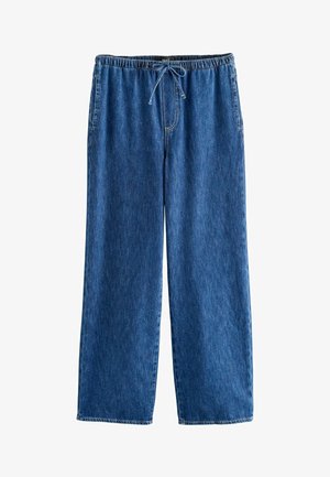 Blå denimbukser har en elastisk talje med snøre, brede ben og to sidelommer. Stoffet har en struktureret finish.
