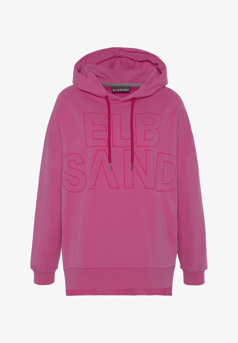Pink hooded sweatshirt with large tonal "ELBSAND" logo, front pouch pocket, and ribbed cuffs. Made from soft, breathable fabric.