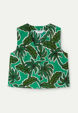 Chaleco sin mangas verde con un gran patrón de hojas tropicales de palma y plátano en verde oscuro, delineadas en blanco.