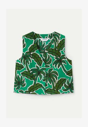 Chaleco sin mangas verde con un gran patrón de hojas tropicales de palma y plátano en verde oscuro, delineadas en blanco.