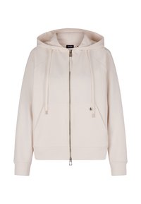 Hoodie zippé beige avec capuche à cordon, poches avant et poignets côtelés. Tissu lisse avec un éclat subtil. Étiquette de la marque JOOP! visible.