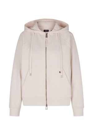 Felpa beige con zip e cappuccio regolabile, tasche frontali e polsini a costine. Tessuto liscio con una leggera lucentezza. Etichetta del marchio JOOP! visibile.