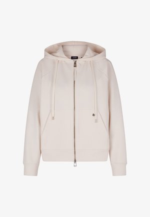 Beige zip-up hoodie with a drawstring hood, front pockets, and ribbed cuffs. Smooth fabric with a subtle sheen. JOOP! brand label visible.
