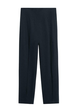 Schwarze gerade geschnittene Hose mit hoher Taille und vorderem Bügelfalten-Detail, vor weißem Hintergrund präsentiert.