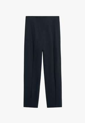 Schwarze gerade geschnittene Hose mit hoher Taille und vorderem Bügelfalten-Detail, vor weißem Hintergrund präsentiert.