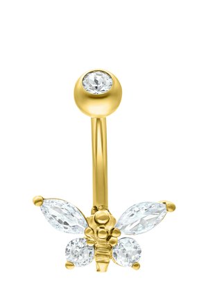 Gold belly ring with a butterfly design, featuring clear marquise and round gemstones as wings and a round gemstone on the top ball.