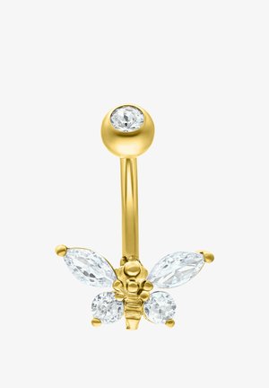 Gold belly ring with a butterfly design, featuring clear marquise and round gemstones as wings and a round gemstone on the top ball.