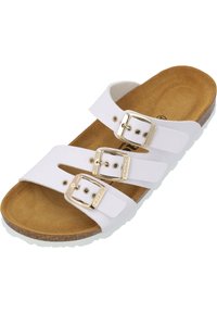 White slide sandal with three adjustable straps and gold-colored buckles. The footbed is brown suede, complemented by a textured white sole.