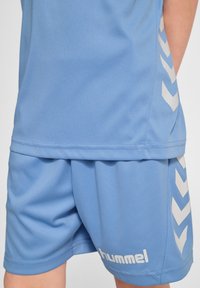 Ljust blå sportuniform bestående av en kortärmad topp och shorts. Båda plagg har vita chevronmönster och logotyp på shortsen.