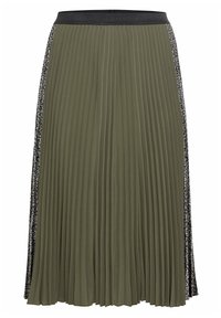 Jupe plissée verte olive avec une taille noir, ornée d'accents en dentelle florale sur les côtés, créant un effet de texture en couches.
