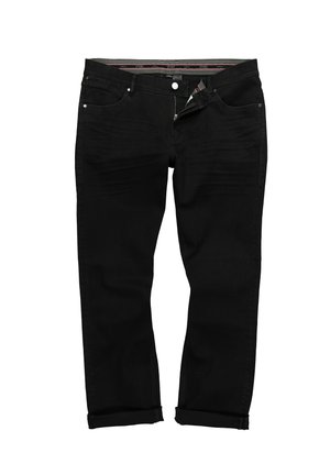 Czarne dżinsy denimowe o prostych nogawkach, pięciopunktowym designie, zapinane na guziki z przodu oraz podwiniętymi mankietami. Gładka tekstura i klasyczny styl.