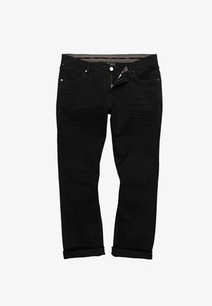 Jeans in denim nero con gamba dritta, design a cinque tasche, chiusura frontale con bottone e orli arrotolati. Texture liscia e stile classico.