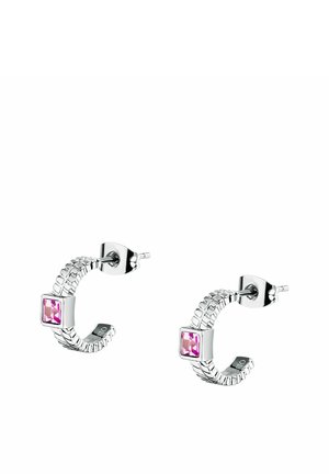 Orecchini a cerchio in argento con dettagli testurizzati e pietre preziose quadrate rosa che decorano ogni orecchino. Design leggero e moderno.