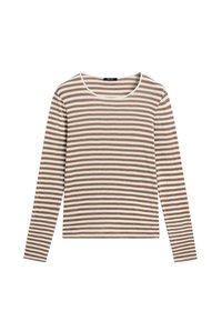 Langärmeliges T-Shirt mit rundem Ausschnitt, gestaltet mit abwechselnd braunen und weißen horizontalen Streifen. Weicher Stoff mit glatter Textur.