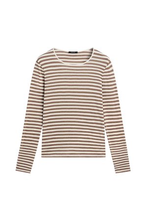 Langärmeliges T-Shirt mit rundem Ausschnitt, gestaltet mit abwechselnd braunen und weißen horizontalen Streifen. Weicher Stoff mit glatter Textur.