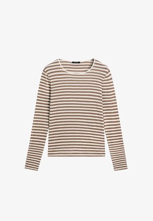 Tričko s dlouhým rukávem a kulatým výstřihem, zdobené střídavými hnědými a bílými vodorovnými pruhy. Měkká látka s hladkým povrchem.