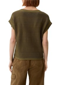 Khaki knit short-sleeve sweater featuring a textured stripe pattern. The back shows a wide crew neckline and relaxed silhouette.