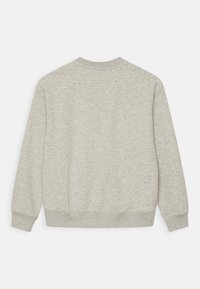 Sudadera gris hecha de tela suave. Cuello redondo, mangas largas, puños y bajo acanalados. Diseño sencillo, sin logotipos ni adornos visibles.