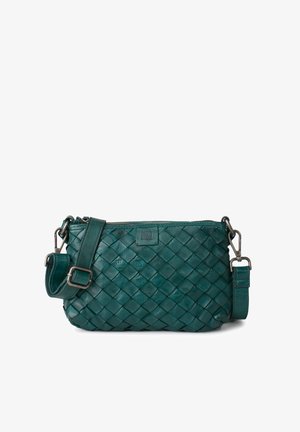 Teal leather crossbody bag with woven texture, zip closure, and adjustable strap. Features a logo patch on the front.
