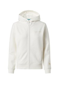Weißer Kapuzenpullover aus weichem Stoff mit Reißverschluss-Front, ausgestattet mit einem kleinen "NORTH SAILS" Logo in hellbeige und ribbed Bündchen.