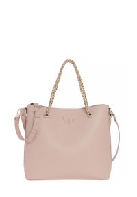 Borsa a tracolla rosa chiaro realizzata in pelle liscia, con spallacci intrecciati e dettagli in metallo dorato. Include una tracolla rimovibile per maggiore versatilità.