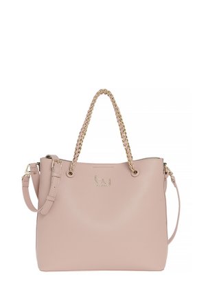Borsa a tracolla rosa chiaro realizzata in pelle liscia, con spallacci intrecciati e dettagli in metallo dorato. Include una tracolla rimovibile per maggiore versatilità.