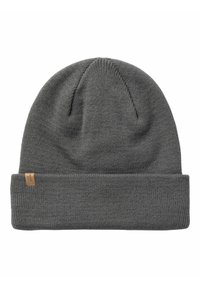 Cappello di maglia grigia con orlo risvoltato. Realizzato in un materiale morbido e testurizzato. Presenta un piccolo tassello in pelle marrone sul lato come dettaglio.