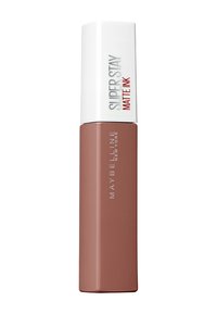 Maybelline Superstay Matte Ink flytande läppstift i ett rektangulärt, ljusbrunt rör med ett vitt lock, med röd och grå text på etiketten.