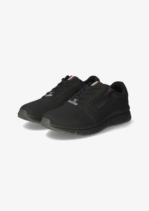 Black sneakers with a textured mesh upper, rounded toe, and a side zipper. Features contrasting stripe accents and a cushioned sole.