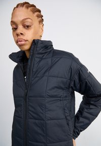 Veste en doudoune noire avec un col montant, motif matelassé, fermeture éclair et poches latérales. Matériau léger et texture lisse.