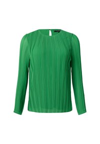 Blouse plissée verte avec manches longues, col rond et détail en forme de clé à l'arrière. Fabriquée en tissu léger et texturé.